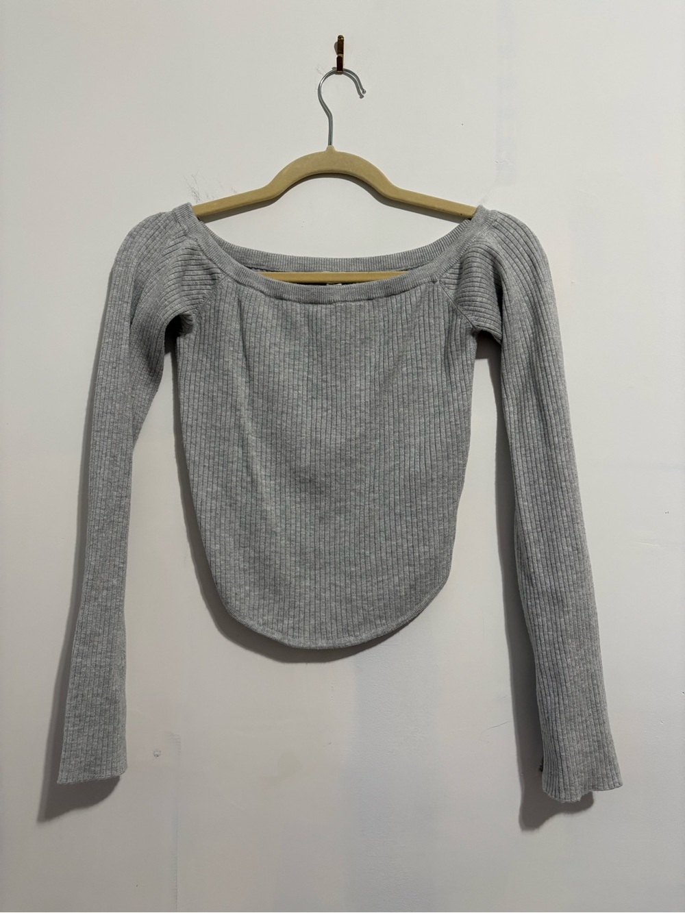 Garage Gray Ribbed Off-Shoulder Long Sleeve Top
